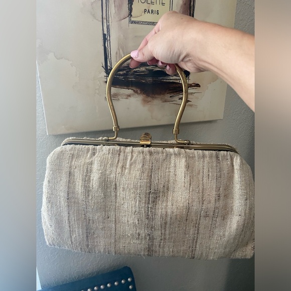 Vintage Tweed Gold Framed Top Handle Tan/Creams Handbag - Picture 10 of 14